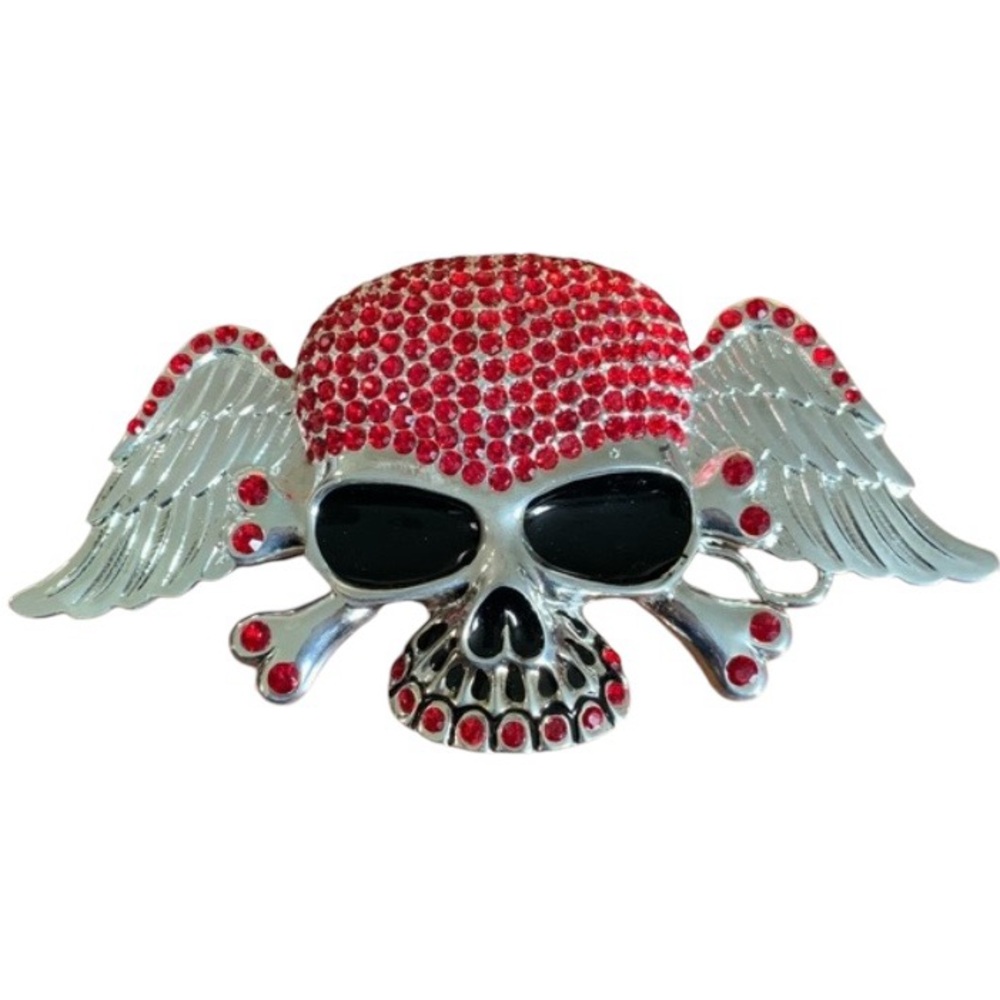 Vintage Rhinestone Skull Belt Buckle Red & Silver Tone Goth Grunge Streetwear